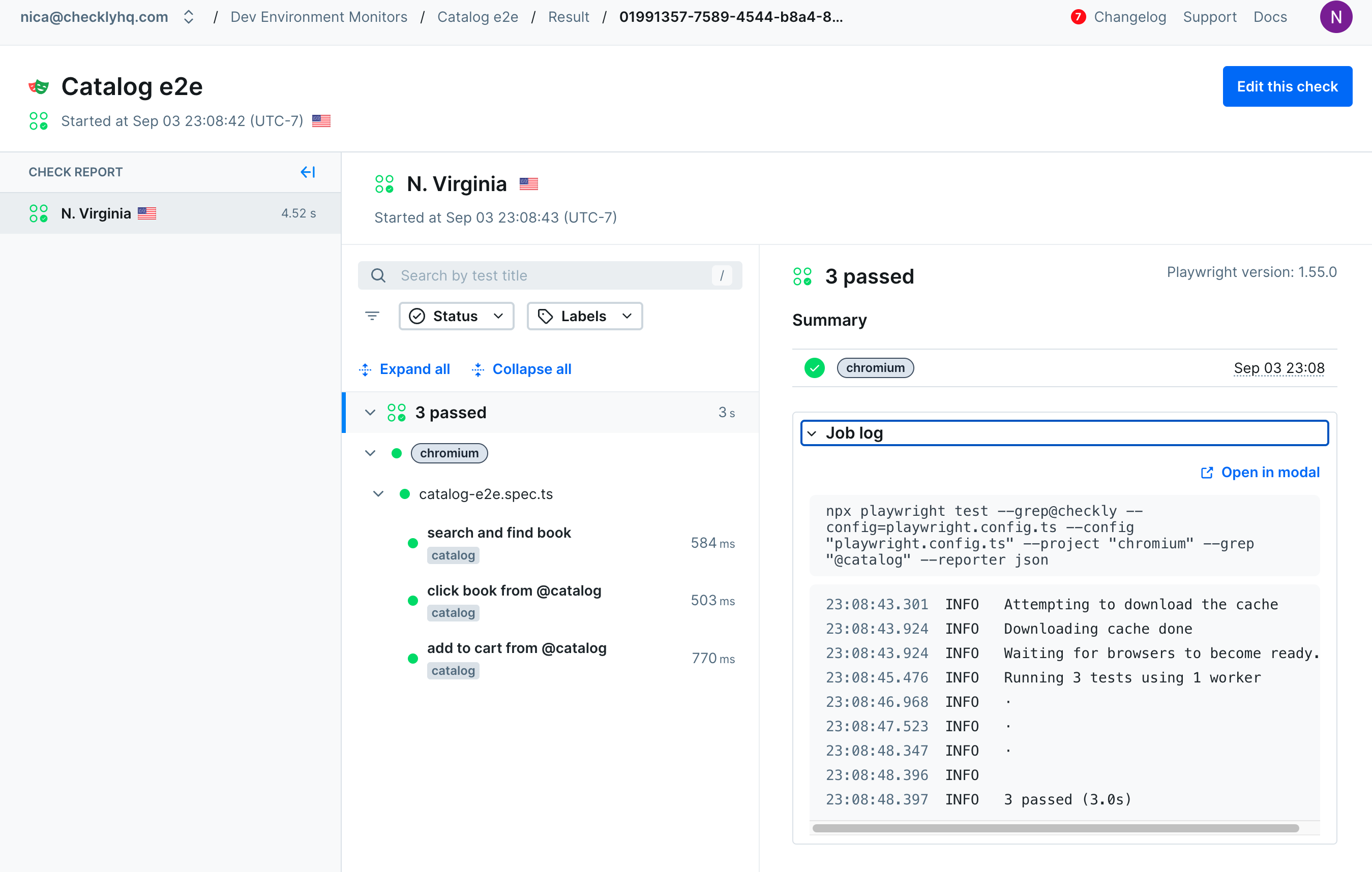 The Checkly Web UI reporting on a single check run